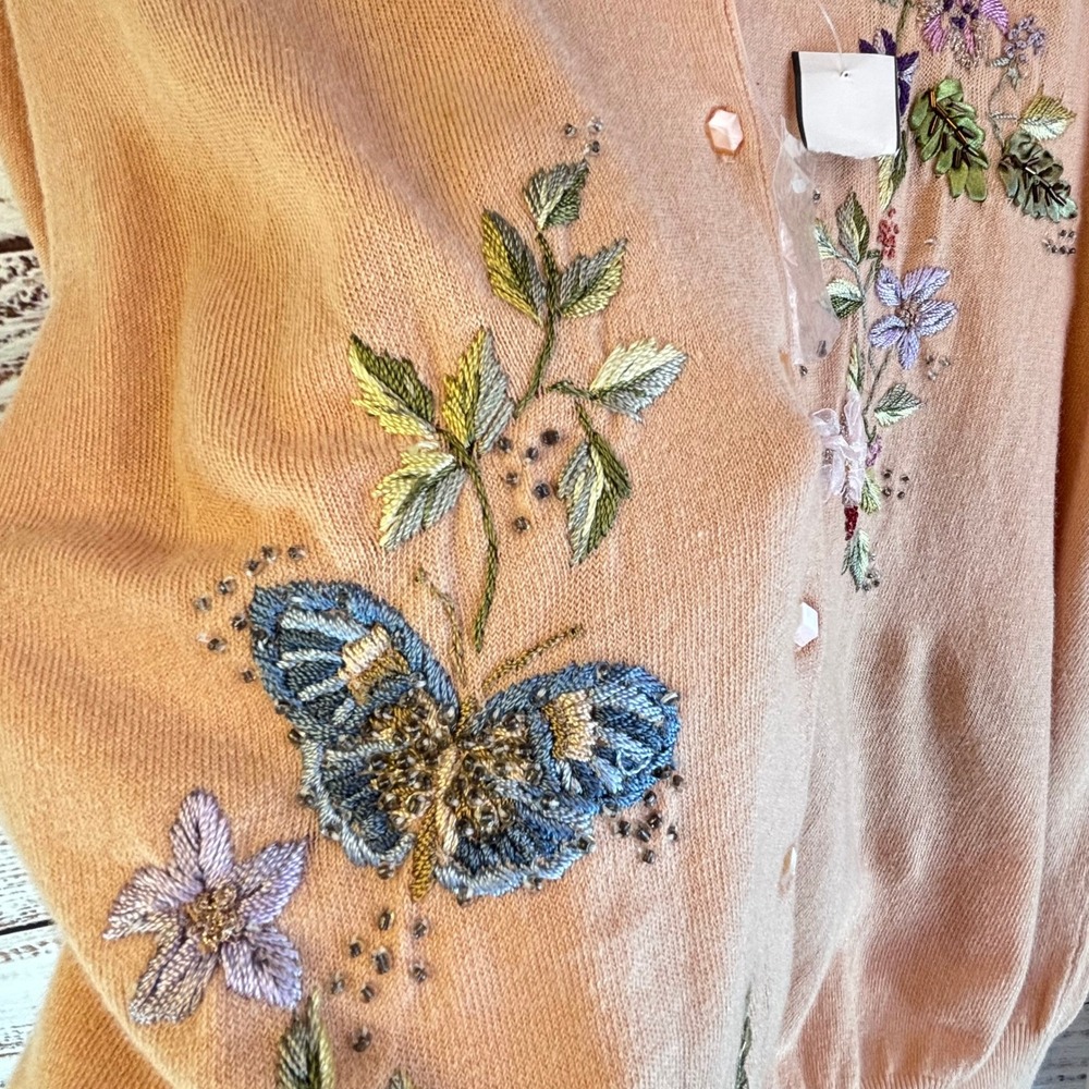 Vintage Embroidered Beaded Cardigan L Peach Ramie/Rayon 3D Ribbon Floral Whimsy - Picture 10 of 16